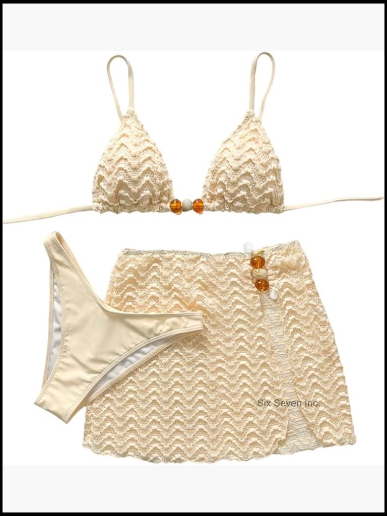 Pearls Lace Bikini Set 3 Piece Backless Triangle Cheeky Swimsuit With Cover Up